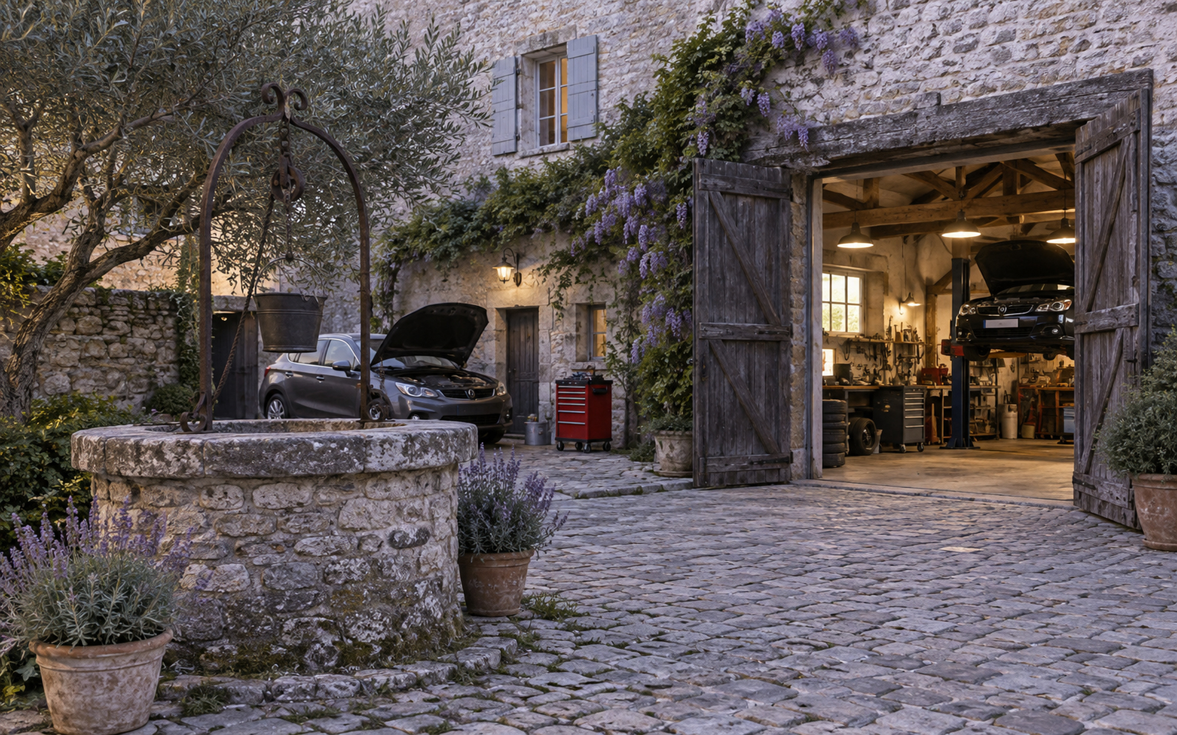cour en pierre avec un vieux puits et la porte de l'atelier ouverte