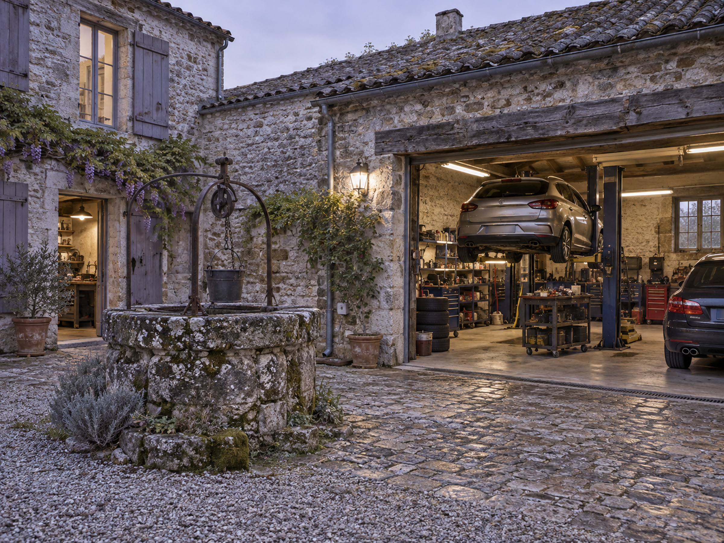 garage aux murs de pierre avec un vieux puits dans la cour, lumière douce